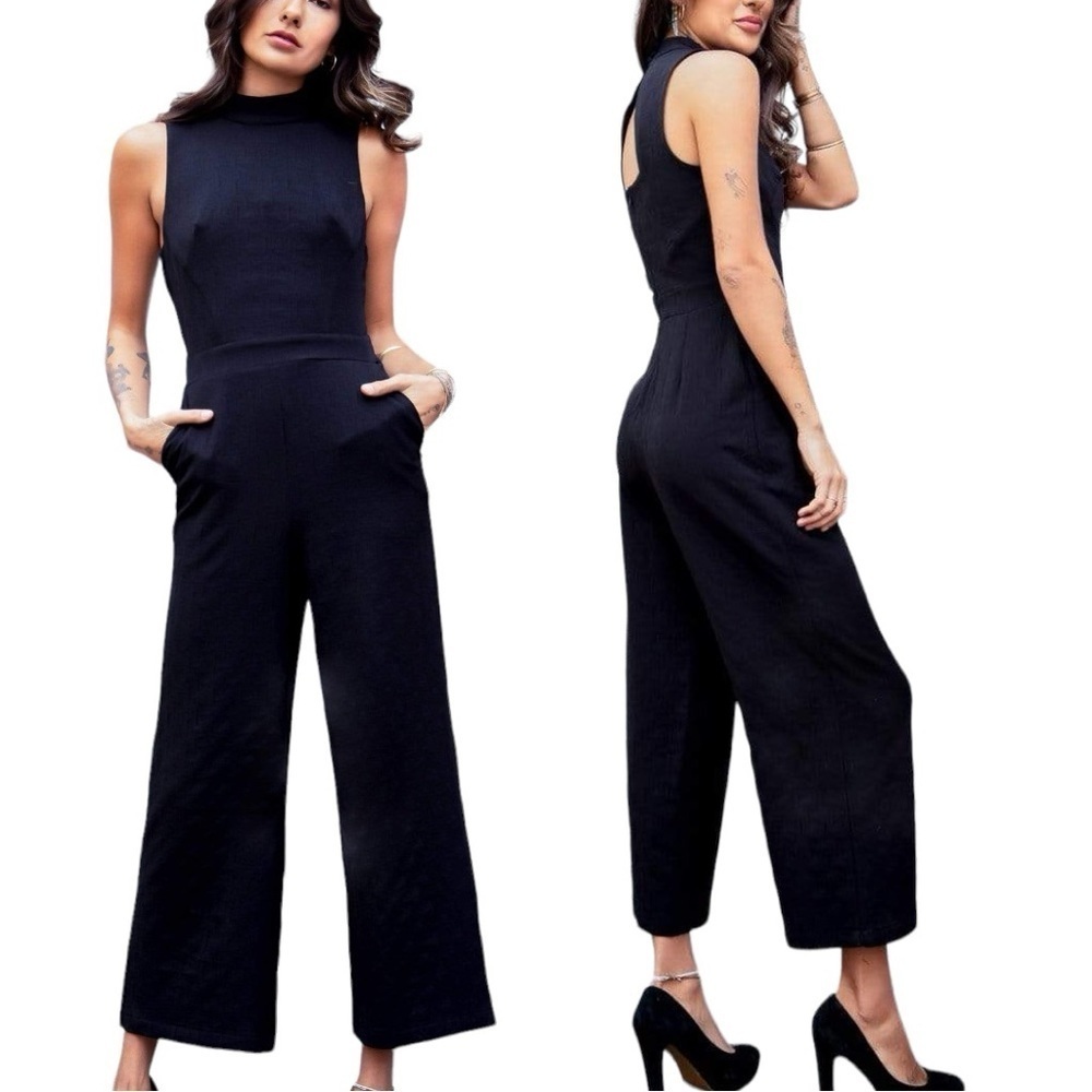Eva Franco Charley Mock Neck Textured Jumpsuit size XS in Black - Picture 4 of 10
